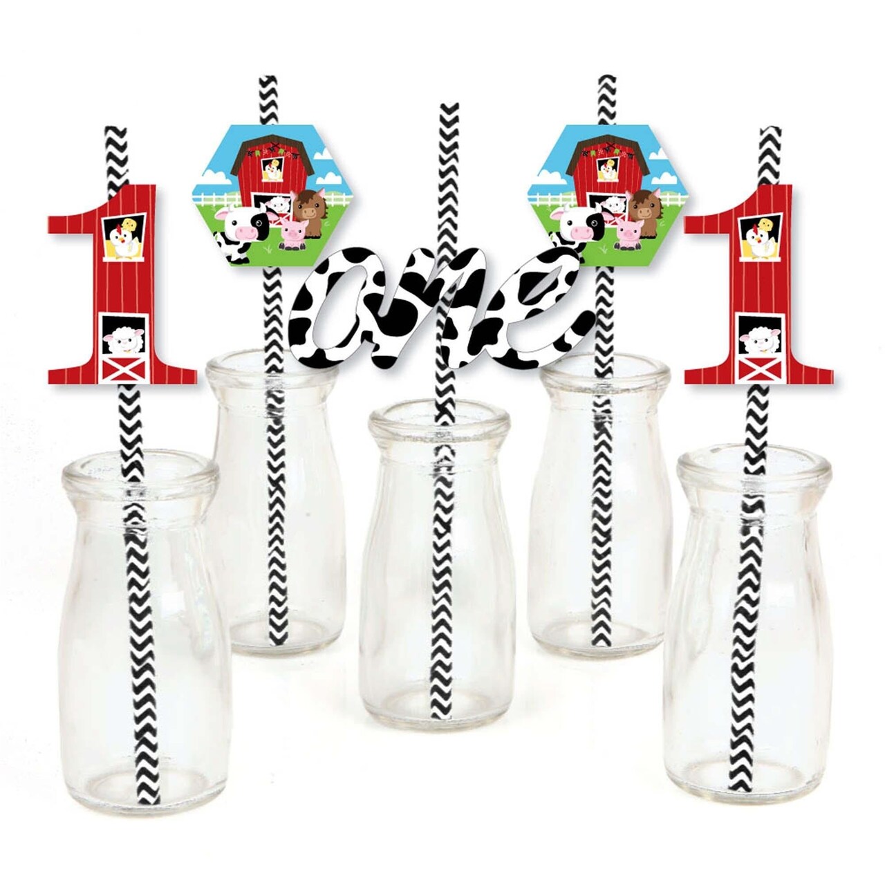 Big Dot of Happiness 1st Birthday Farm Animals - Paper Straw Decor - Barnyard First Birthday Party Striped Decorative Straws - Set of 24